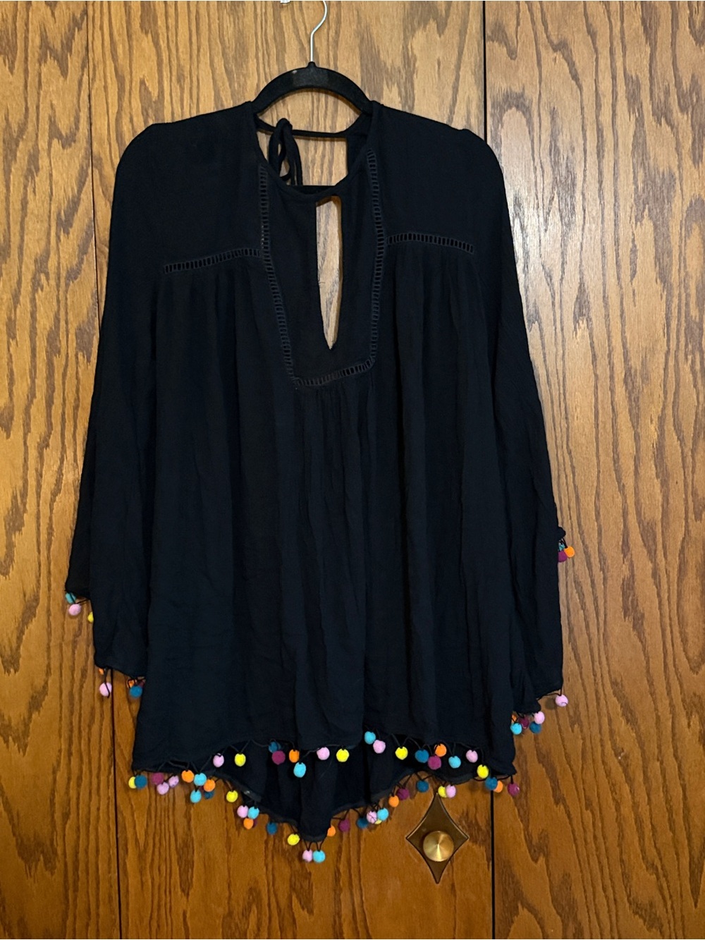 Nanette Lepore Black Pom Pom Tunic Cover Up Boho Festival Size M